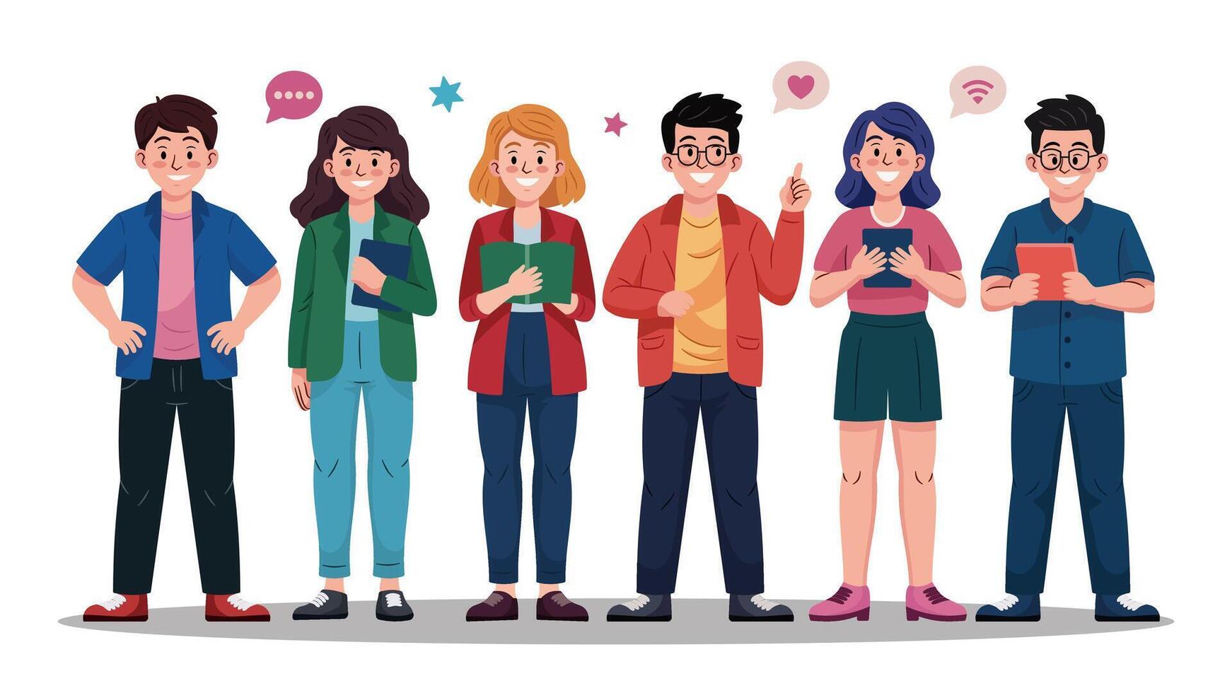 A group of people are standing together, some of them are holding books and tablets. vector