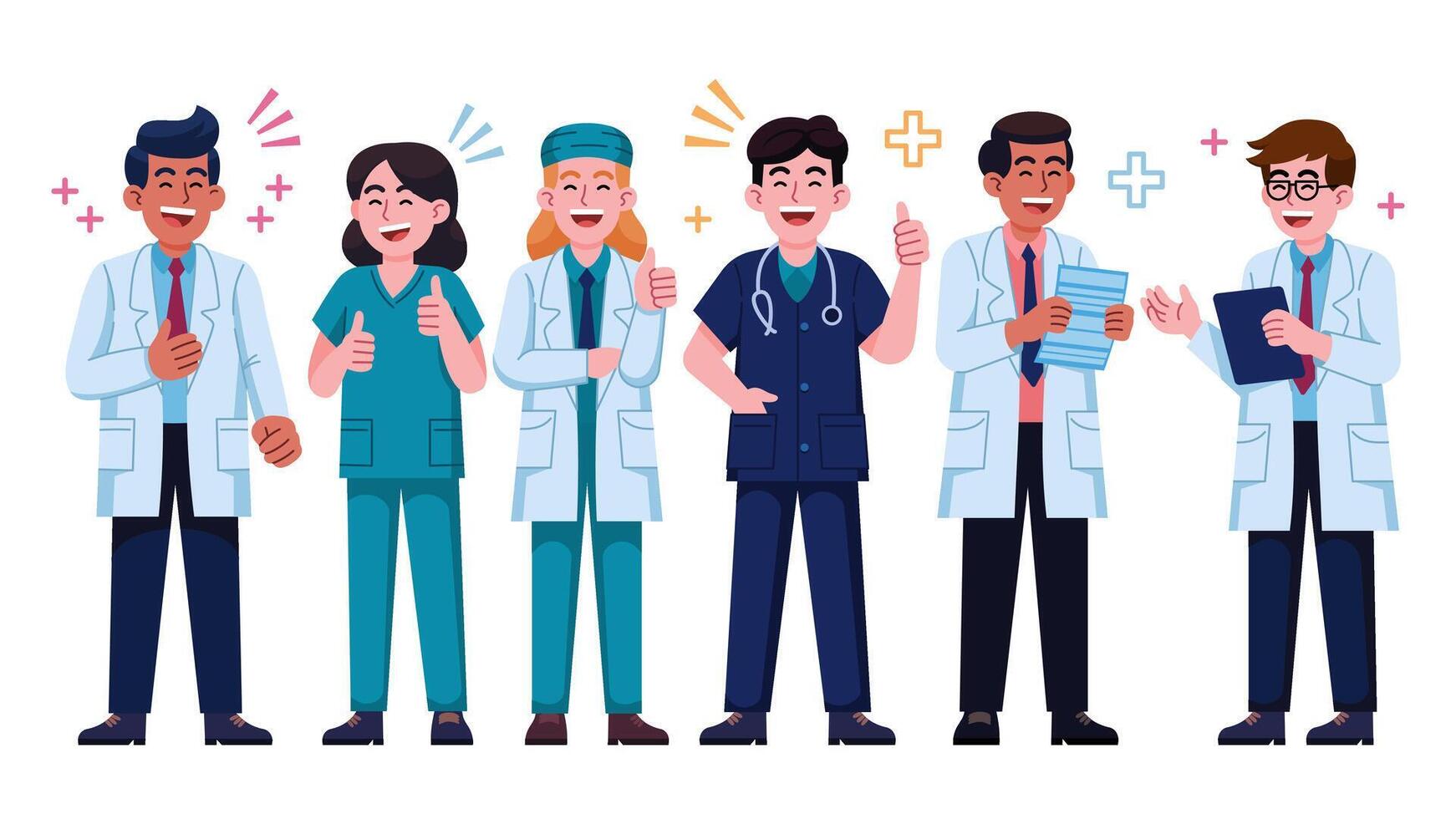 A group of doctors are smiling and giving thumbs up to each other vector