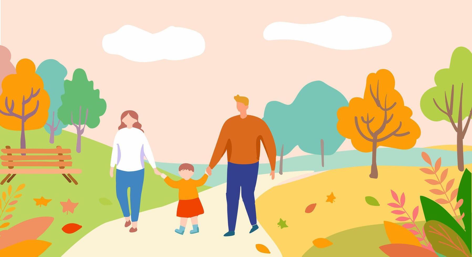 Illustration of a Family Walking in an Autumn Park.. vector