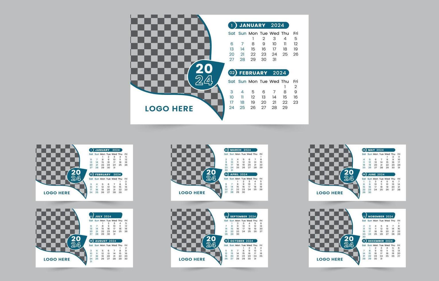 Modern desk calendar template design for 2024, abstract designed 6 pages office desk calendar template 2024 vector