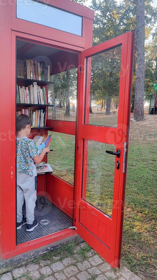 Toddler boy sitting in a crossbooking booth and reading a book. Self-education concept for children, Education concept, prep or elementary school. photo