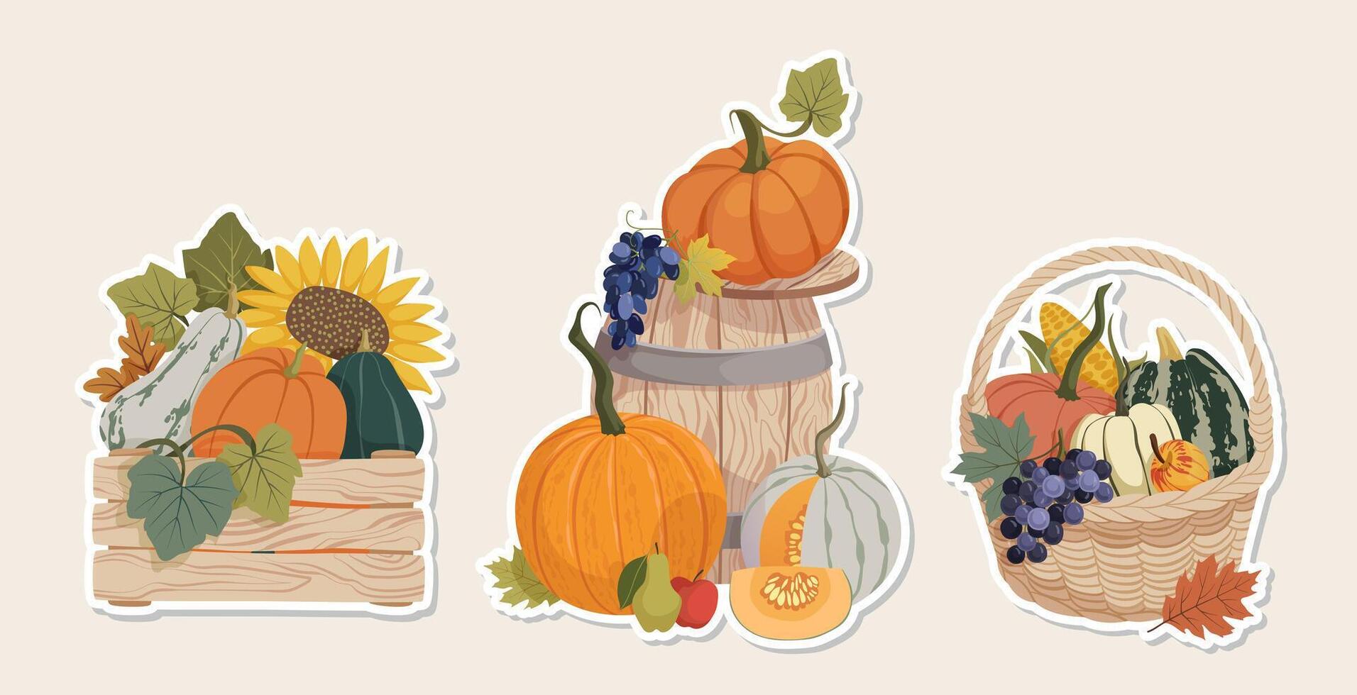 Autumn harvest compositions stickers collection. Fall pumpkins harvest, leaves, vegetables, fruits, mushrooms, wooden barrel, basket, crate illustration for magnet, Thanksgiving sticker, label. vector