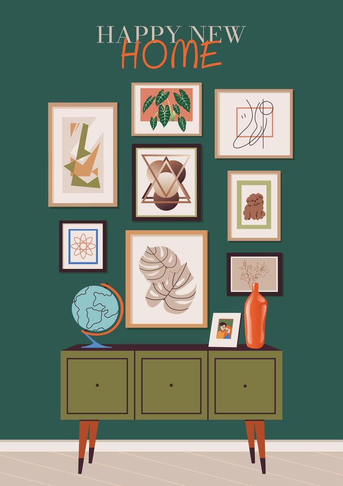 Housewarming party invitation or greeting card. New home celebration, colorful postcard design with mid-century modern style interior scene. Flat illustration banner. Happy new place to live in vector