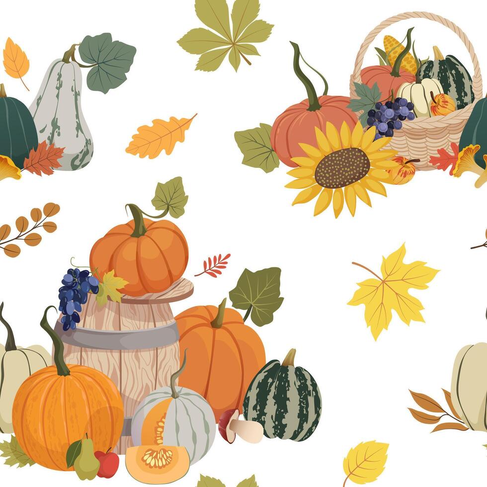 Autumn harvest seamless pattern. Pumpkins, grapes, corn, sunflower in basket, crate, barrel. Fall background design for Thanksgiving Day wrapping paper, cards, textiles, banners. Illustration. vector