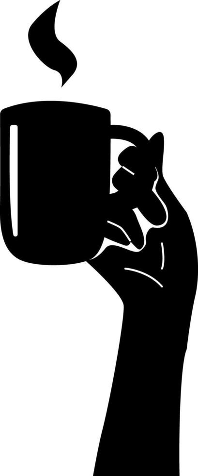 Silhouette of a hand holding a cup with cloud of steam from hot drink raising above it. vector