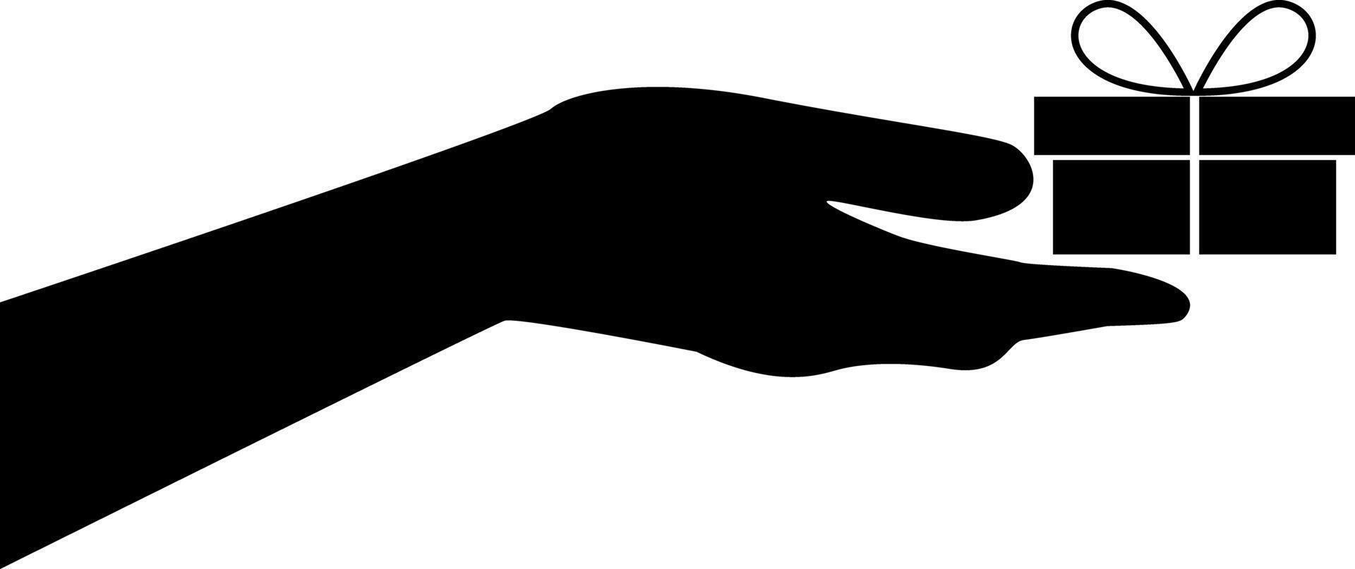 Silhouette of an outstretched hand holding gift box with a bow. vector