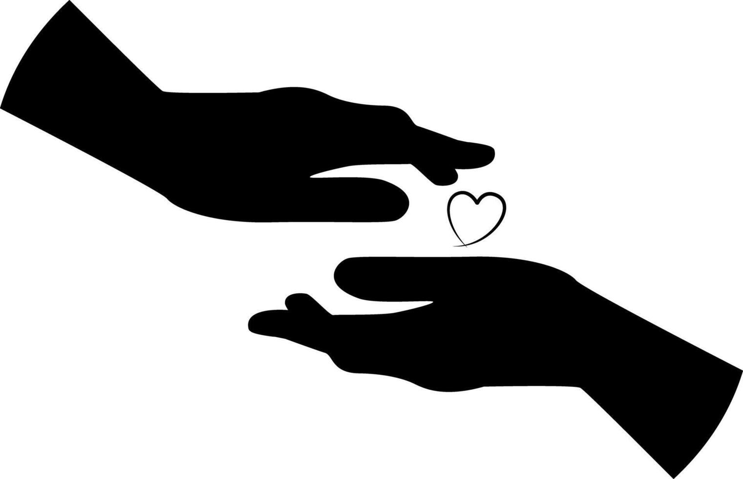 Black silhouette of two hands with an outline of a small symbol of heart between them. vector