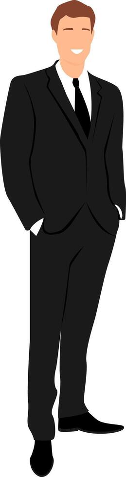 Dark haired smiling man wearing in business suit standing with his hands in his pants pockets. vector