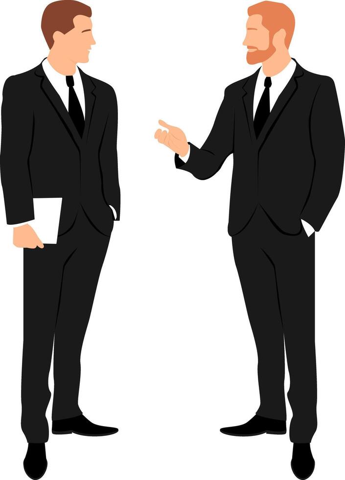 Two talking men in business suits, one that holding laptop and another one gesturing with his arm. vector