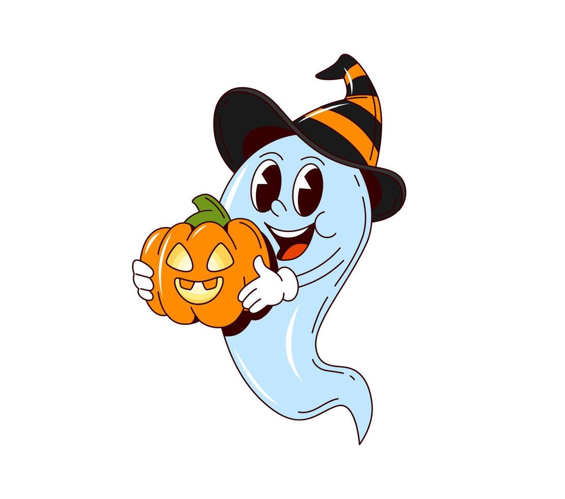 Cartoon groovy Halloween ghost character, pumpkin vector