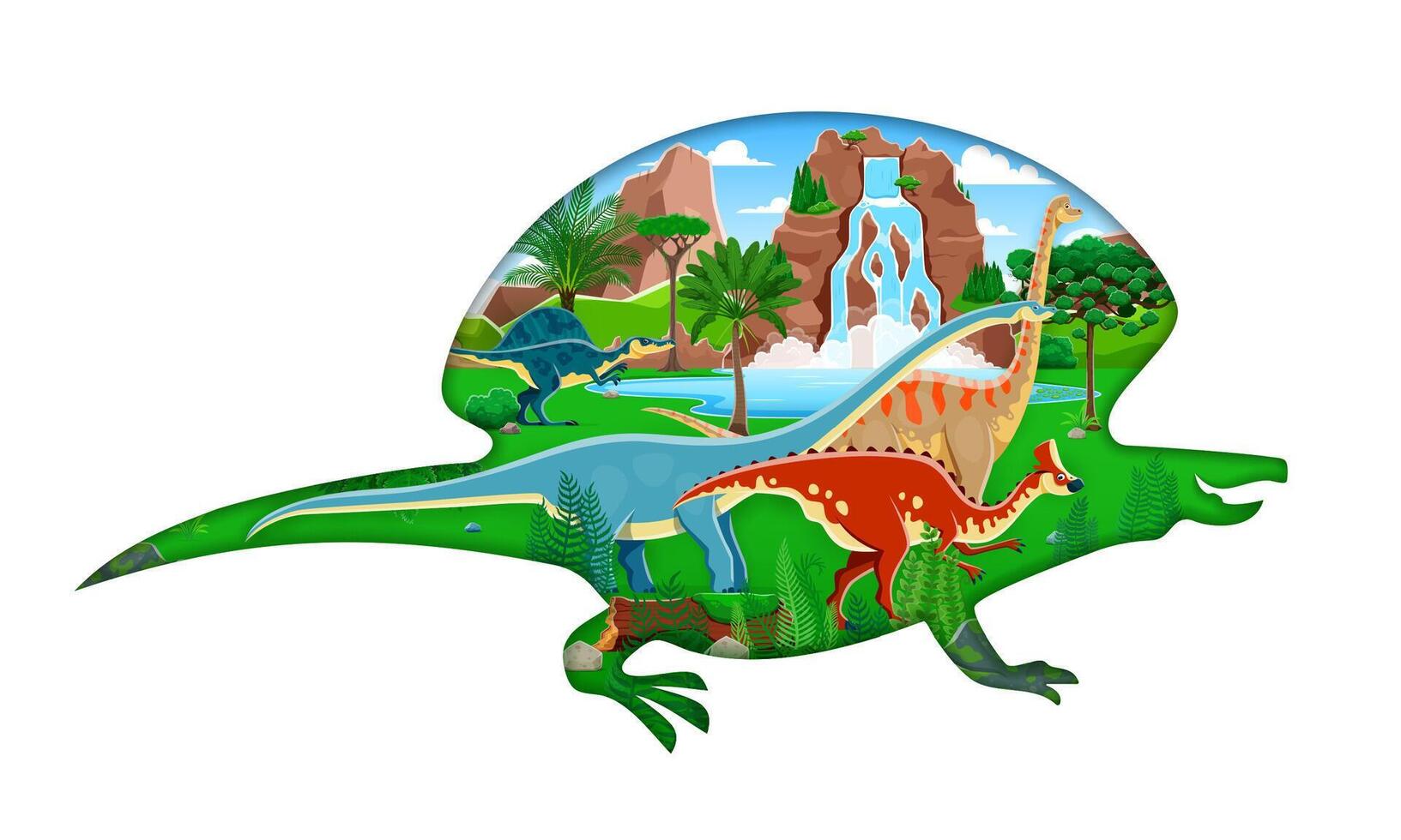 Prehistoric landscape with cartoon paper cut dino vector