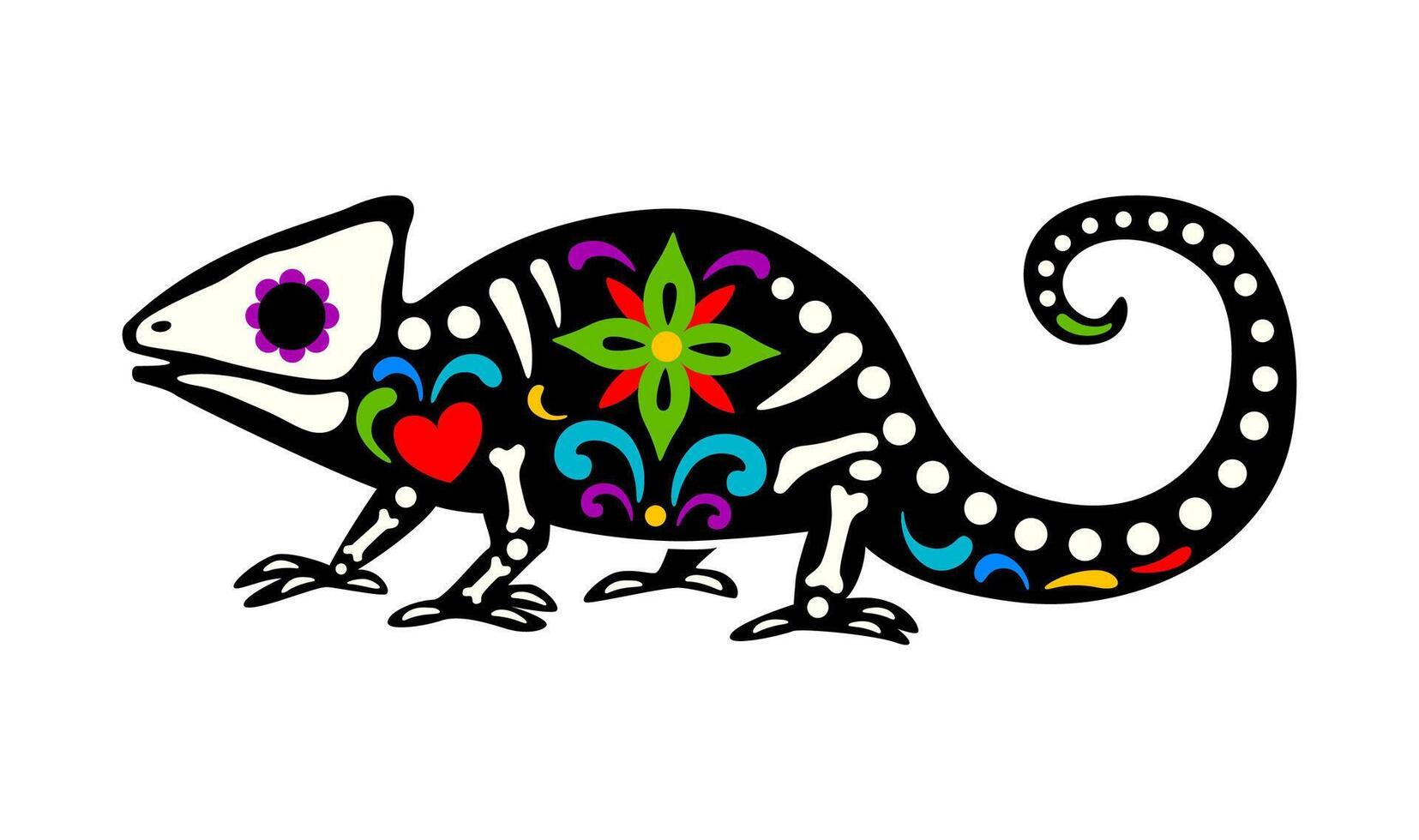Dead halloween skeleton, day of the dead chameleon vector