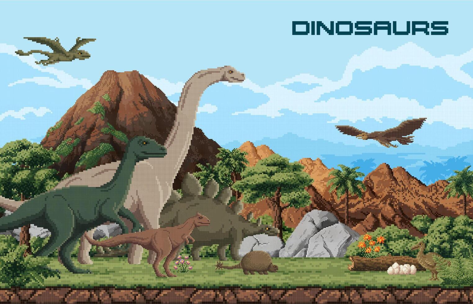 8 bit pixel art prehistoric dinosaurs and lizards vector