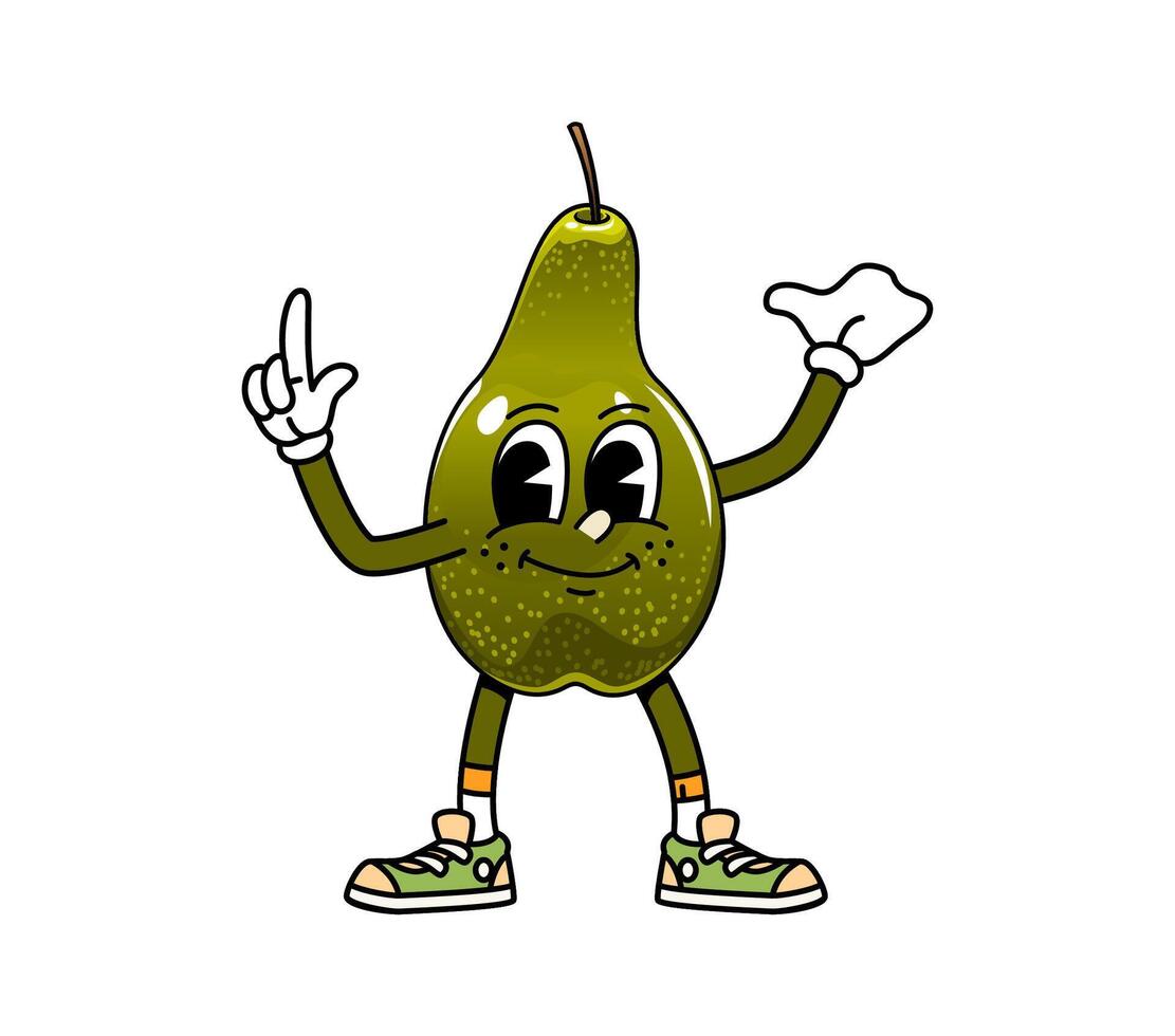 Cartoon groovy pear fruit character smiling vector