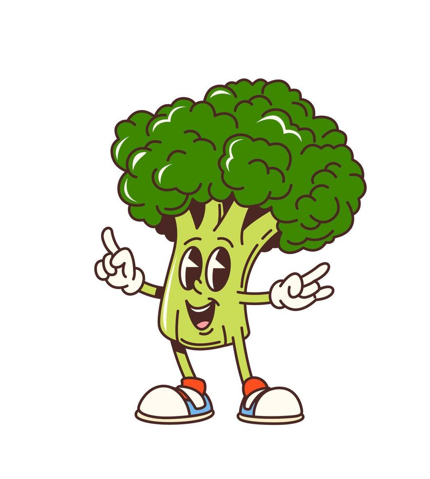 Cartoon groovy broccoli cabbage veg character vector