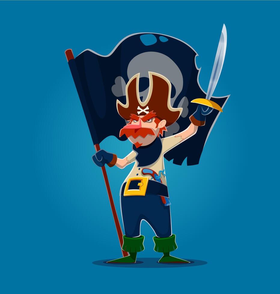 Cartoon pirate captain character with black flag vector
