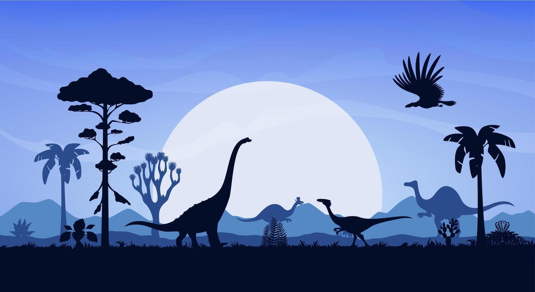 Prehistoric dinosaurs silhouette on dusk landscape vector