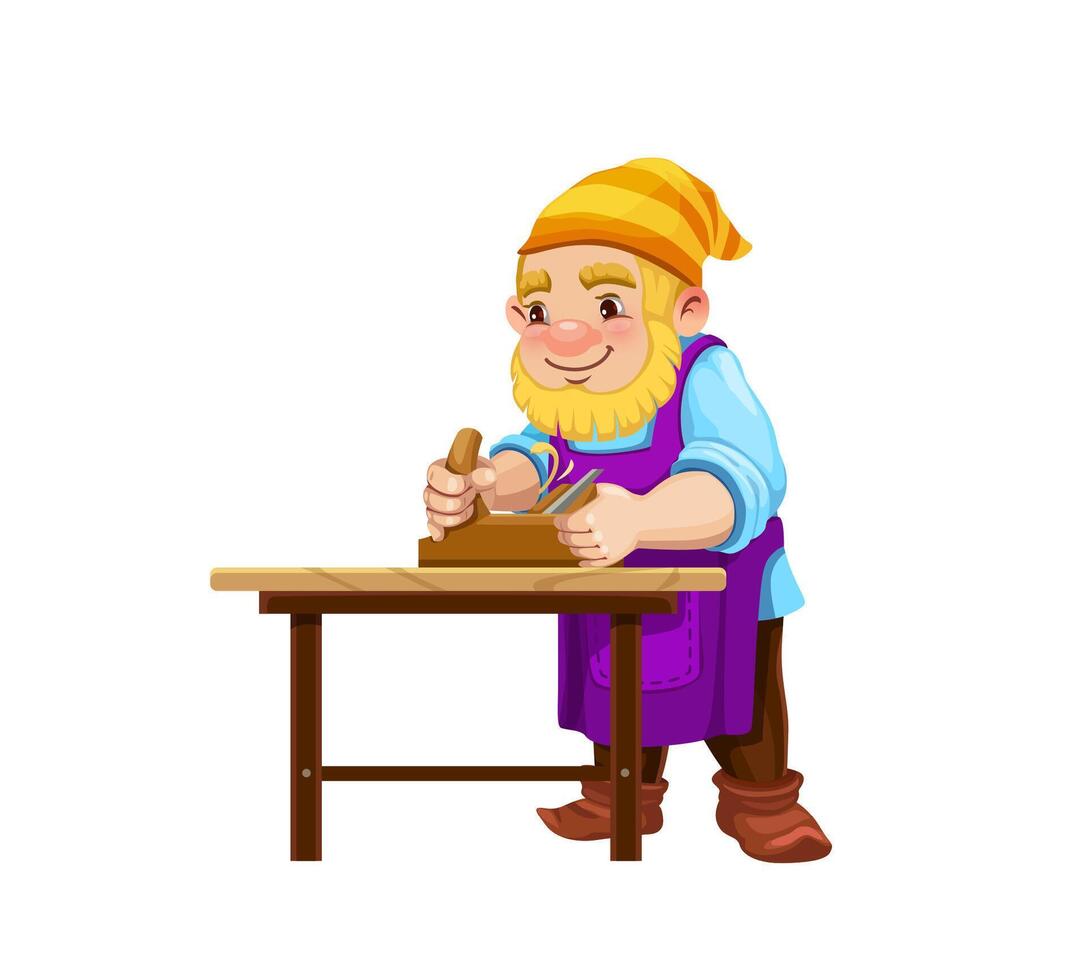Gnome dwarf carpenter character planing boards vector