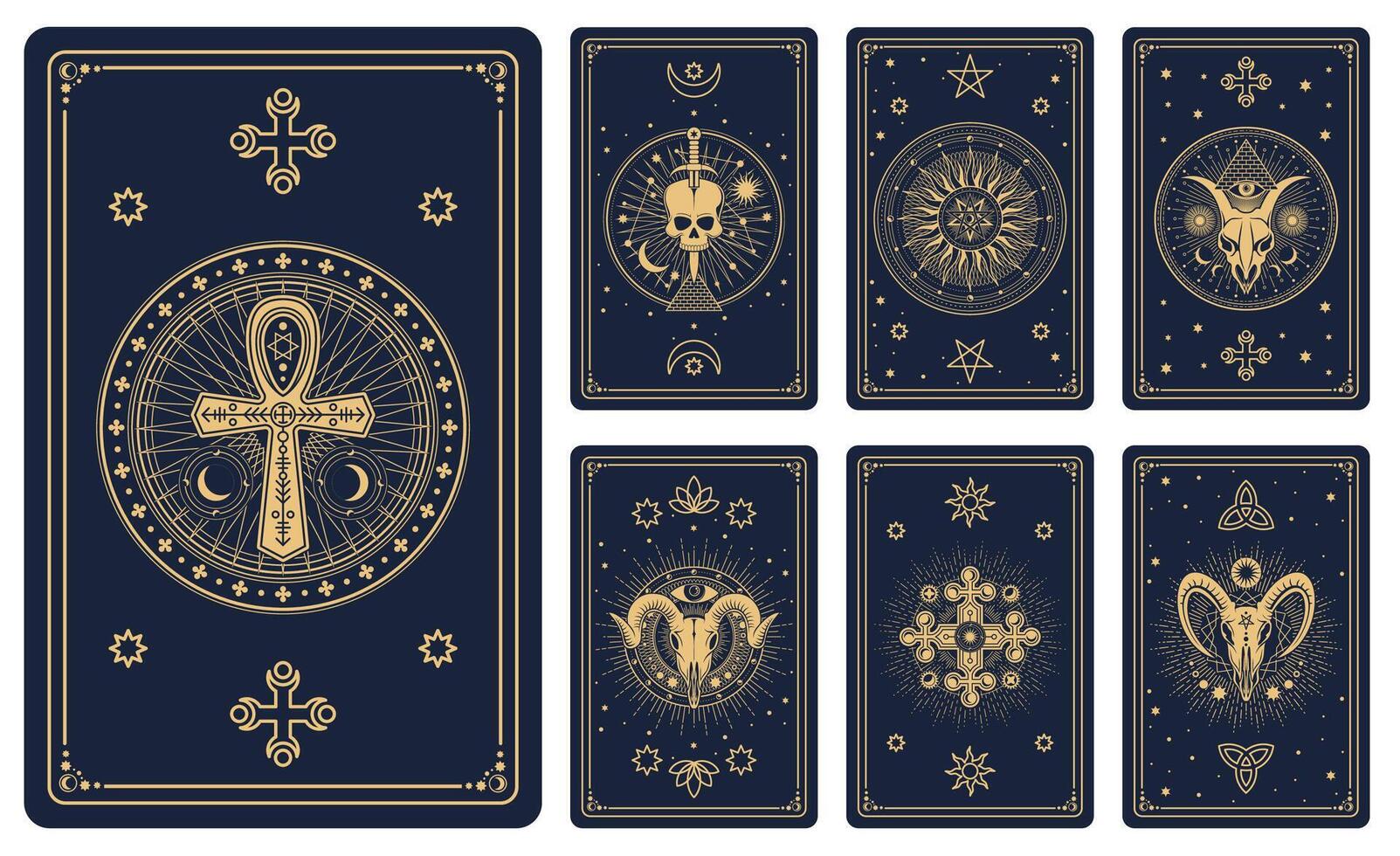 Tarot cards, esoteric magic symbols, mystic signs vector