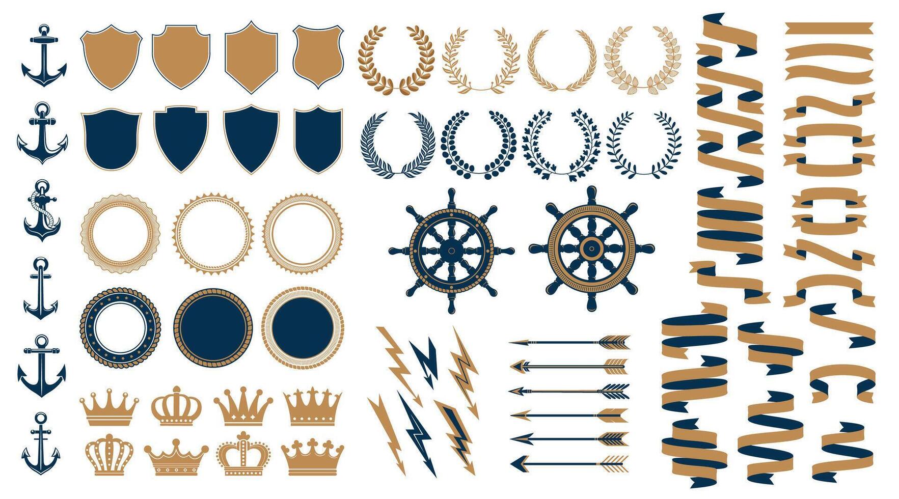 Marine heraldic elements, sea ship anchors, wheels vector
