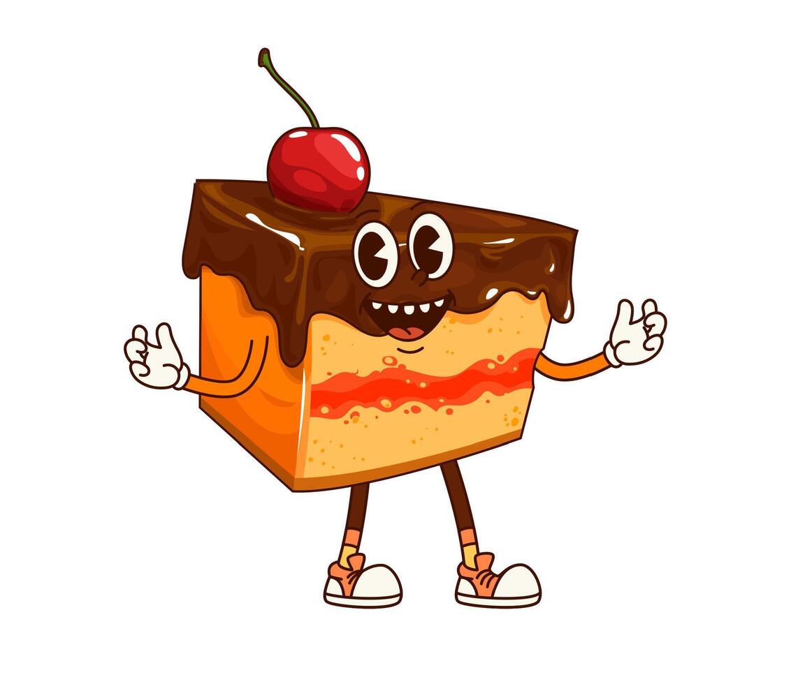 Cake dessert groovy character with glossy glaze vector