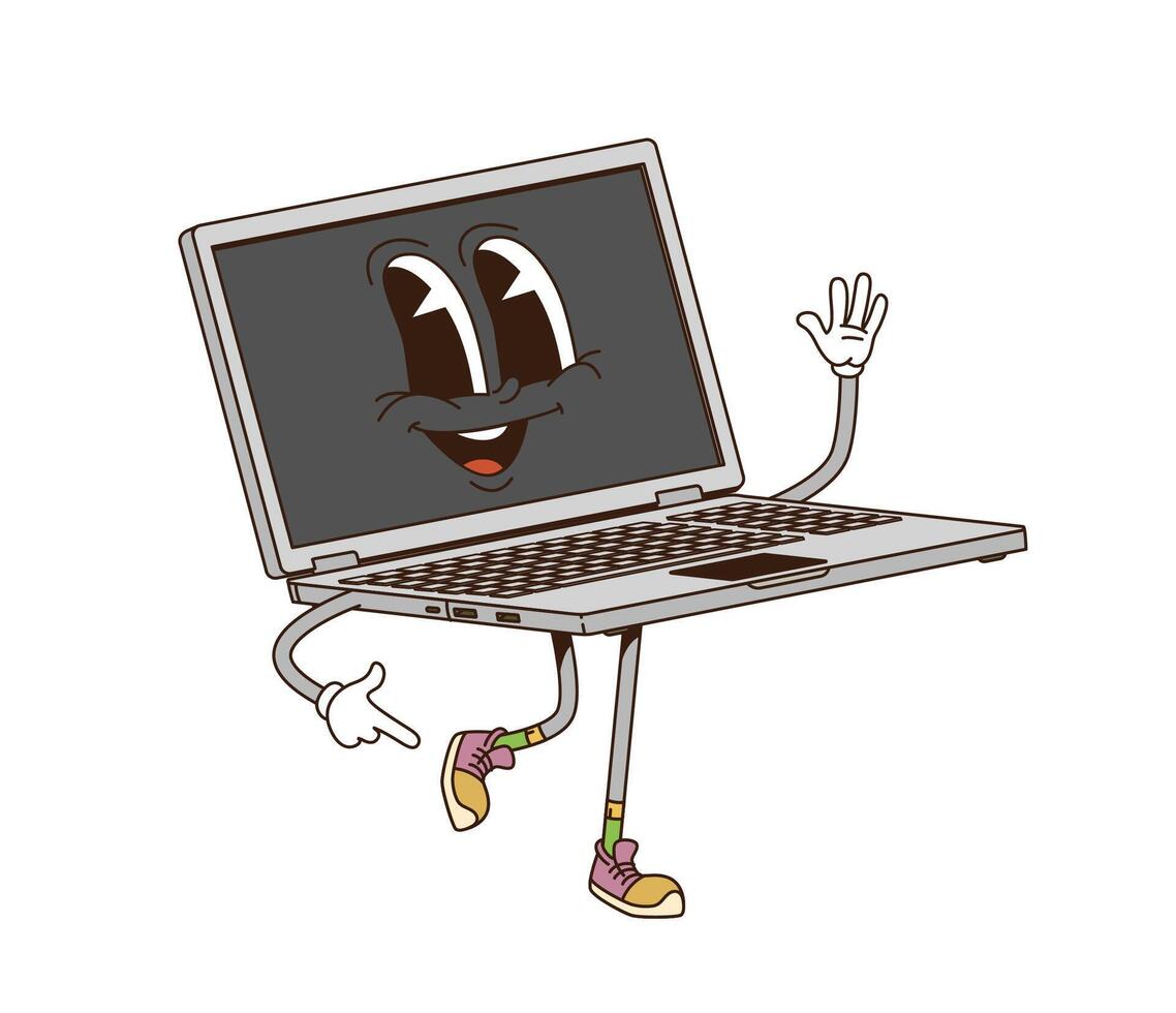 Cartoon groovy laptop computer retro character vector