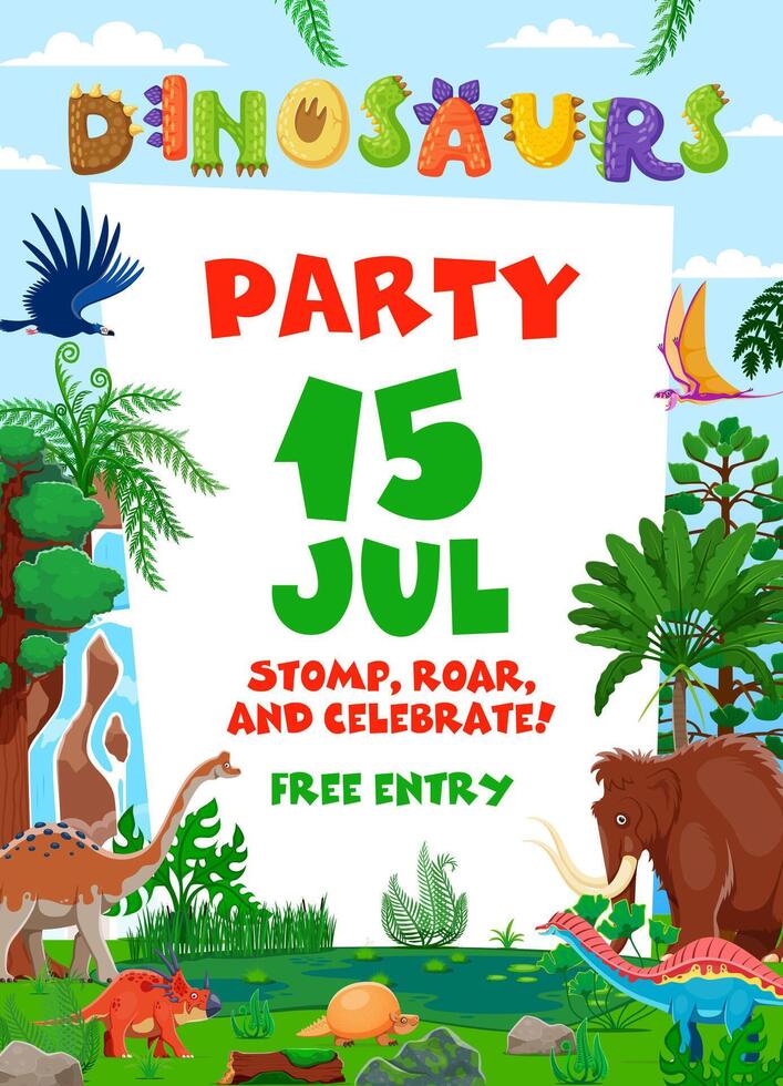 Prehistoric cartoon dinosaurs on kids party flyer vector