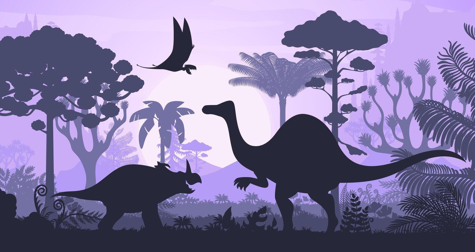 Prehistoric dinosaur silhouettes on sunset scene vector