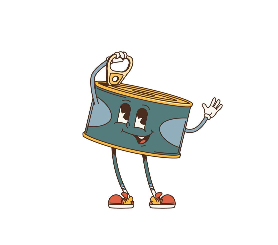 Cartoon sardine can, retro groovy camp character vector