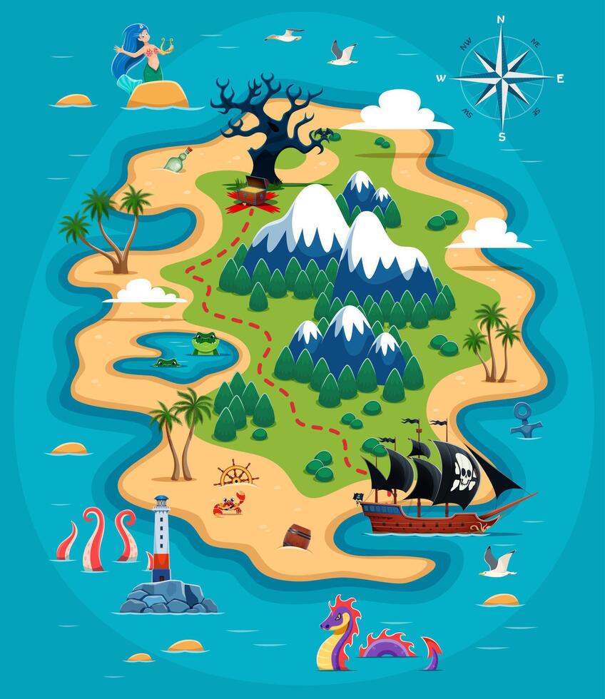 Pirate island with treasures map with landmarks vector