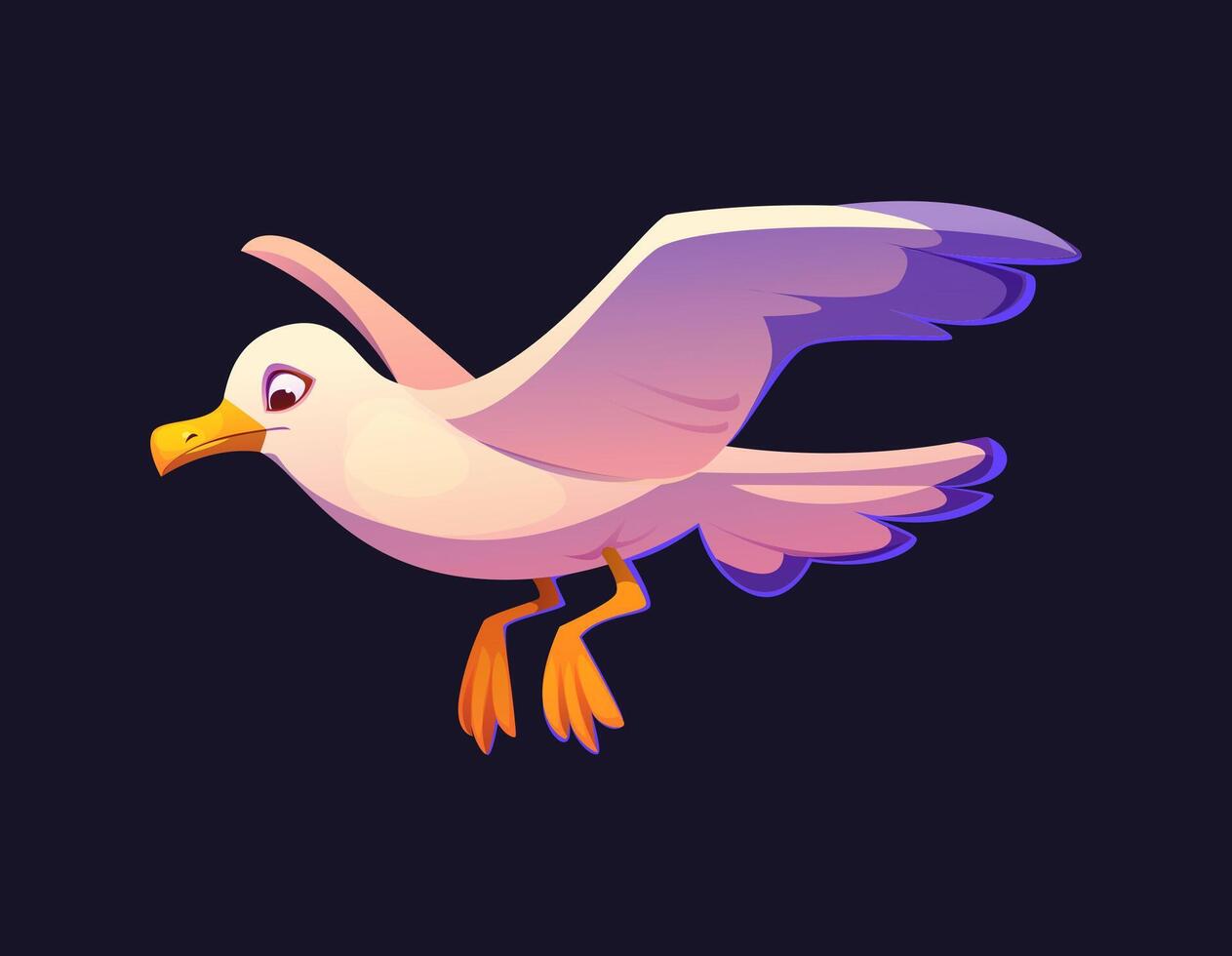 Cartoon flying seagull character in mid-flight vector