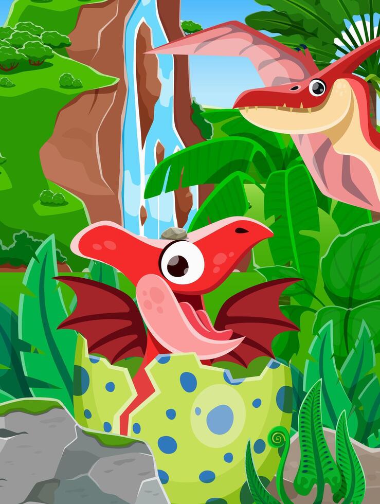 Cartoon funny dino kid with dinosaur mother vector