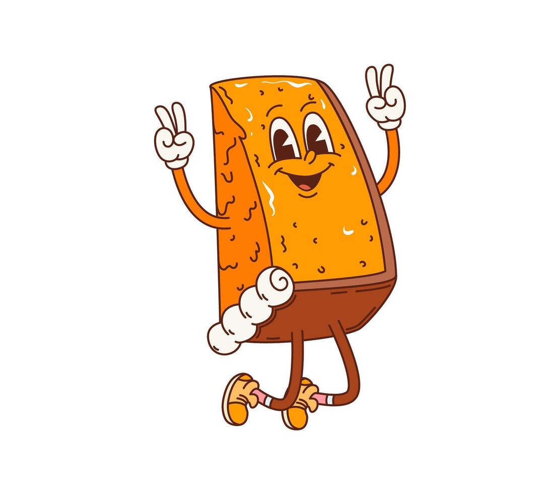 Retro groovy sponge cake dessert joyfully jumping vector