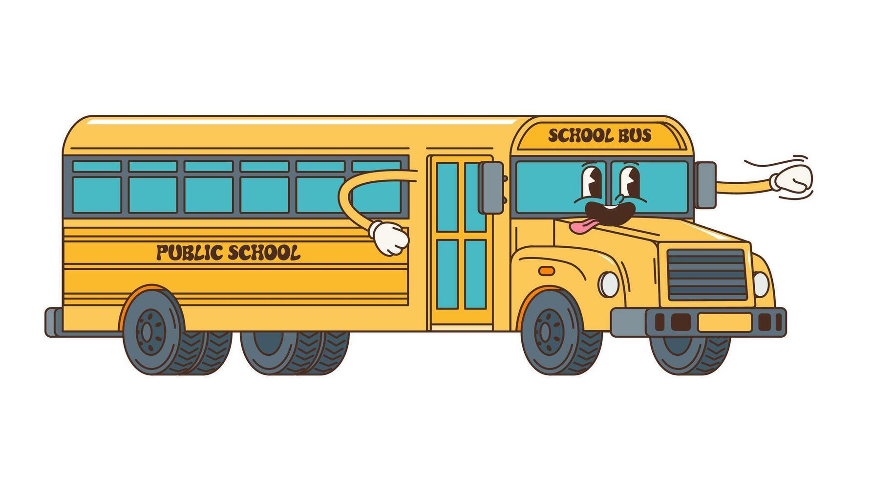 Cartoon retro groovy yellow school bus character vector