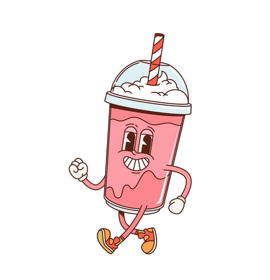 Retro groovy strawberry milkshake dessert vector