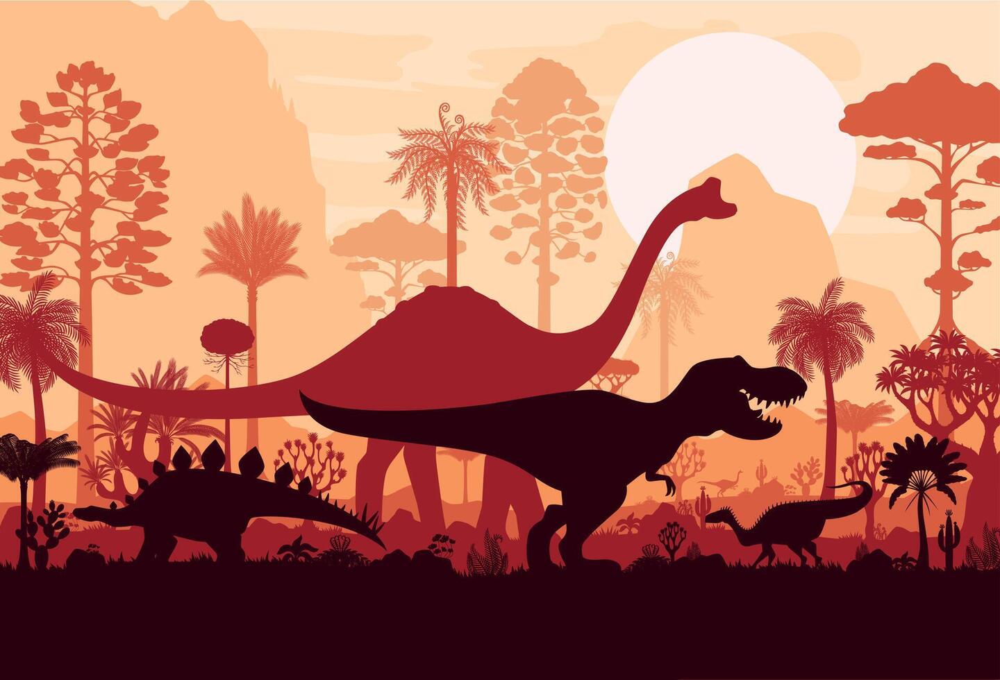 Prehistoric dino silhouettes in tropical jungles vector