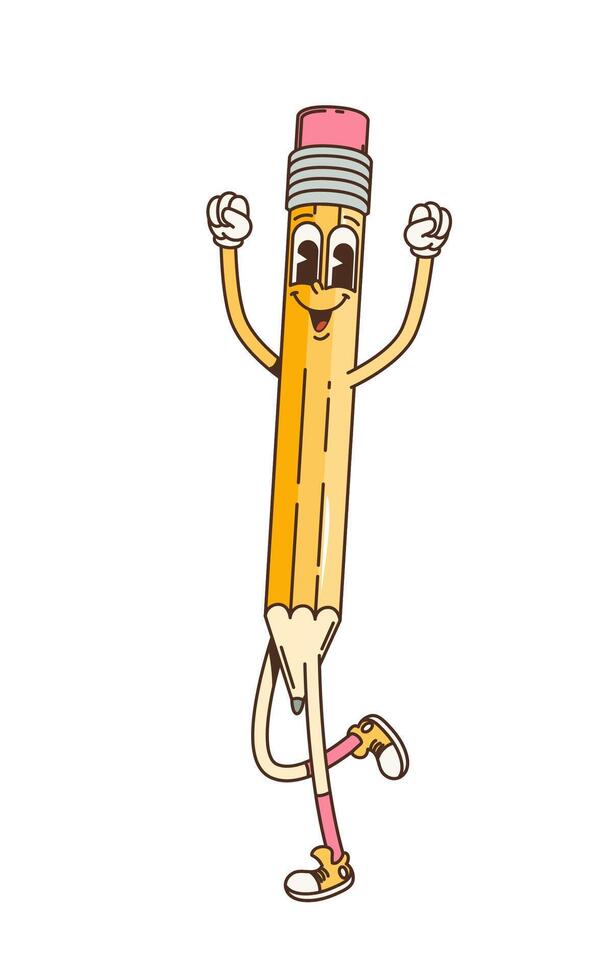 Cartoon retro groovy pencil stationery character vector