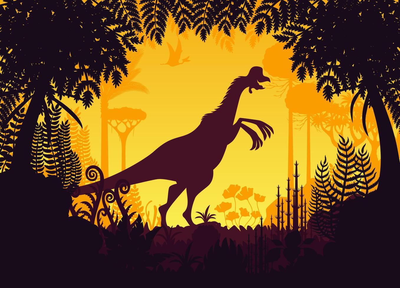 Prehistoric dinosaur silhouette in tropical forest vector