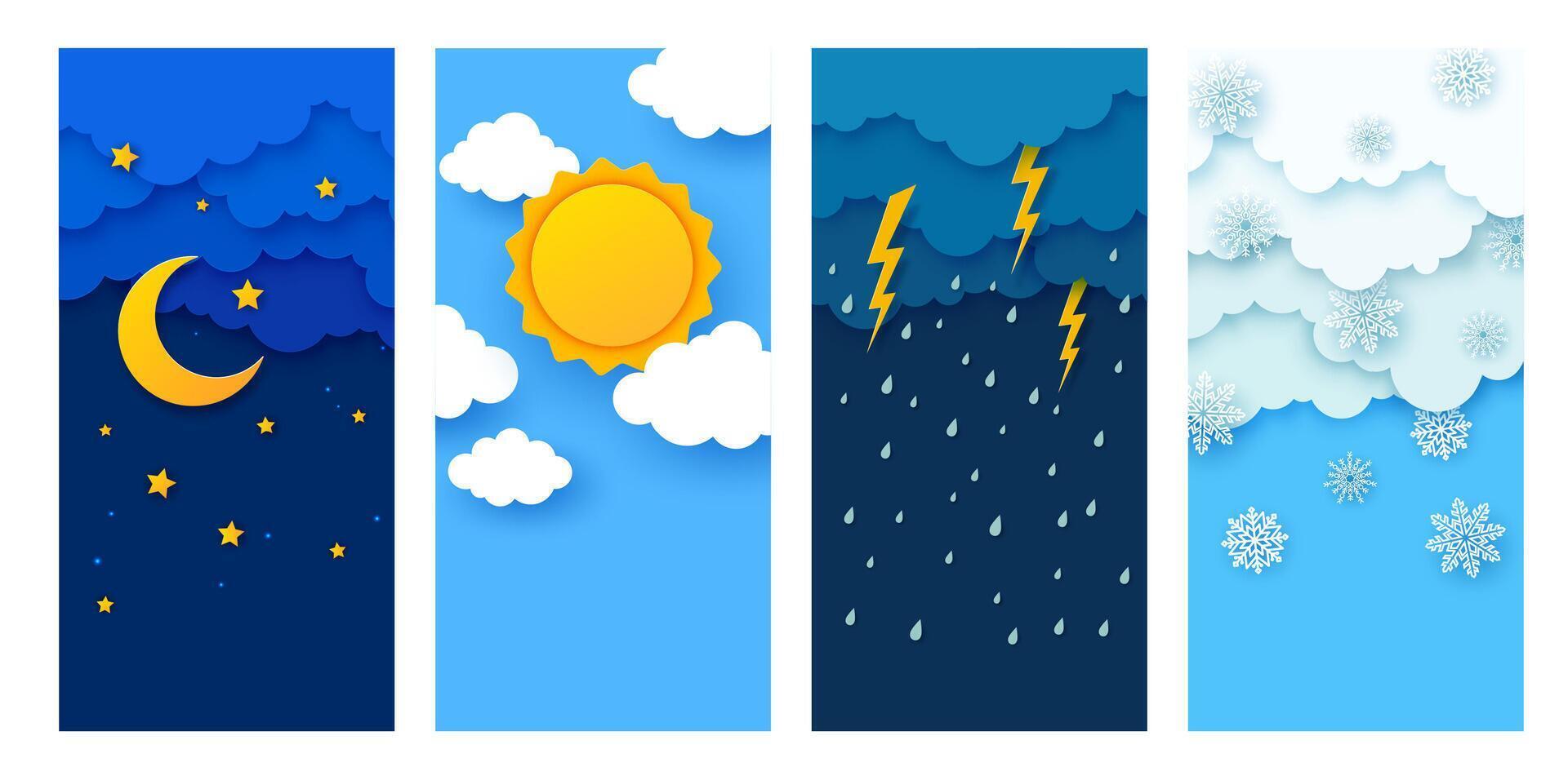 Weather paper cut banners, rain, clouds, sun, snow vector