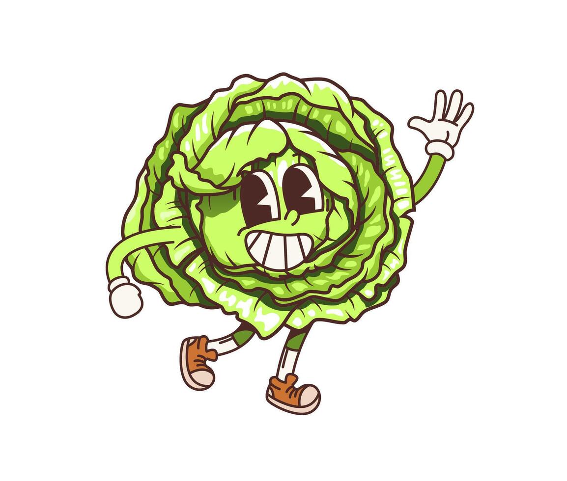 Cartoon groovy cabbage vegetable character smiles vector
