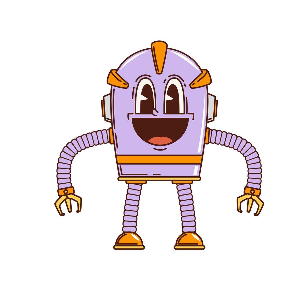 Funny retro robot, cartoon groovy droid character vector