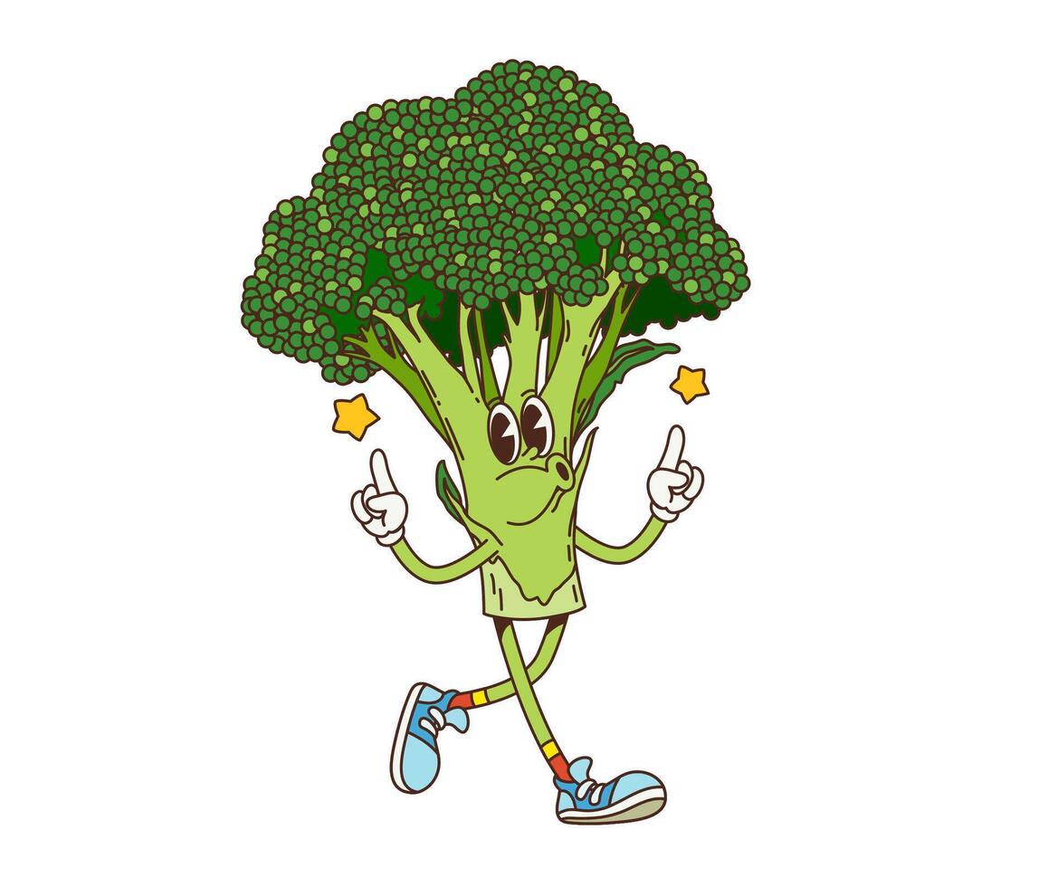 Cartoon groovy broccoli vegetable funky character vector