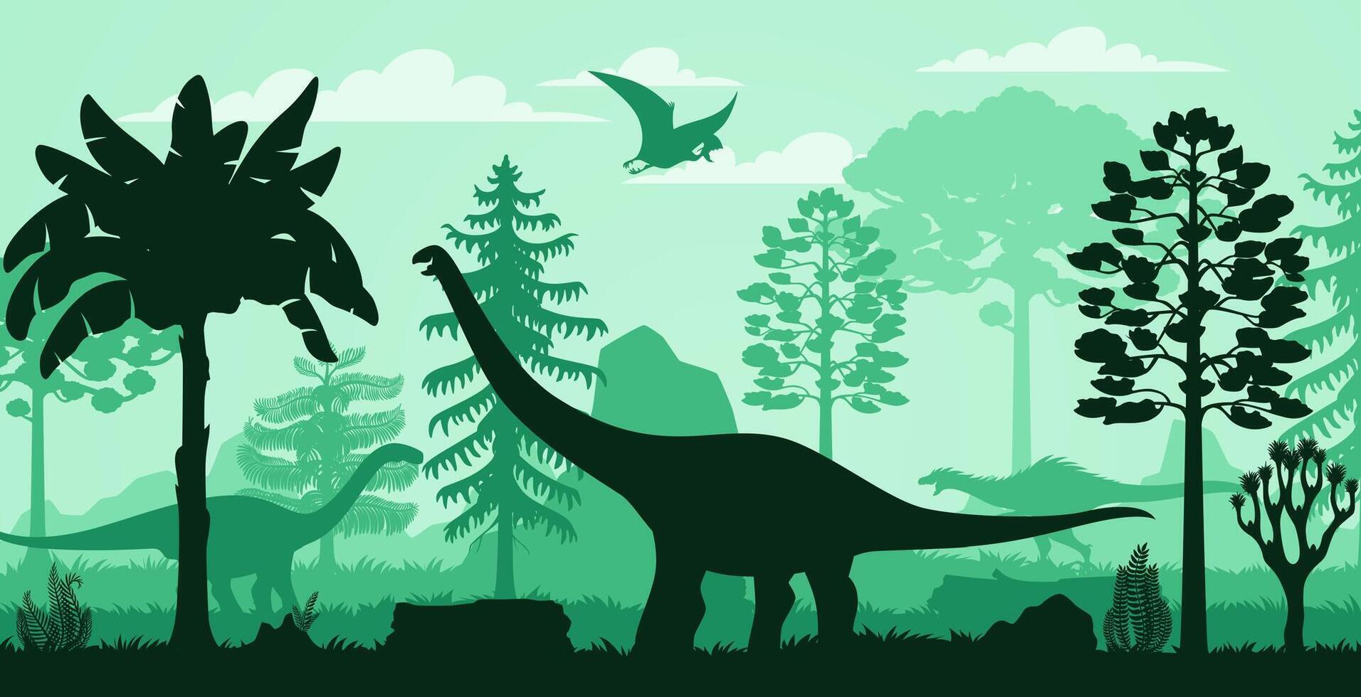 Silhouettes of prehistoric dinosaurs in jungle vector