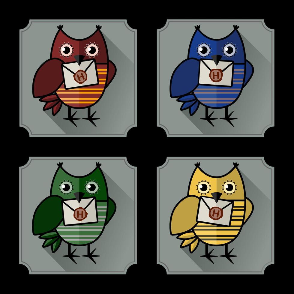 Set of colorful owls. Concept of a postal owl. Colorful illustration, owl logo. The cute owl holds the letter in the white envelope in its beak vector