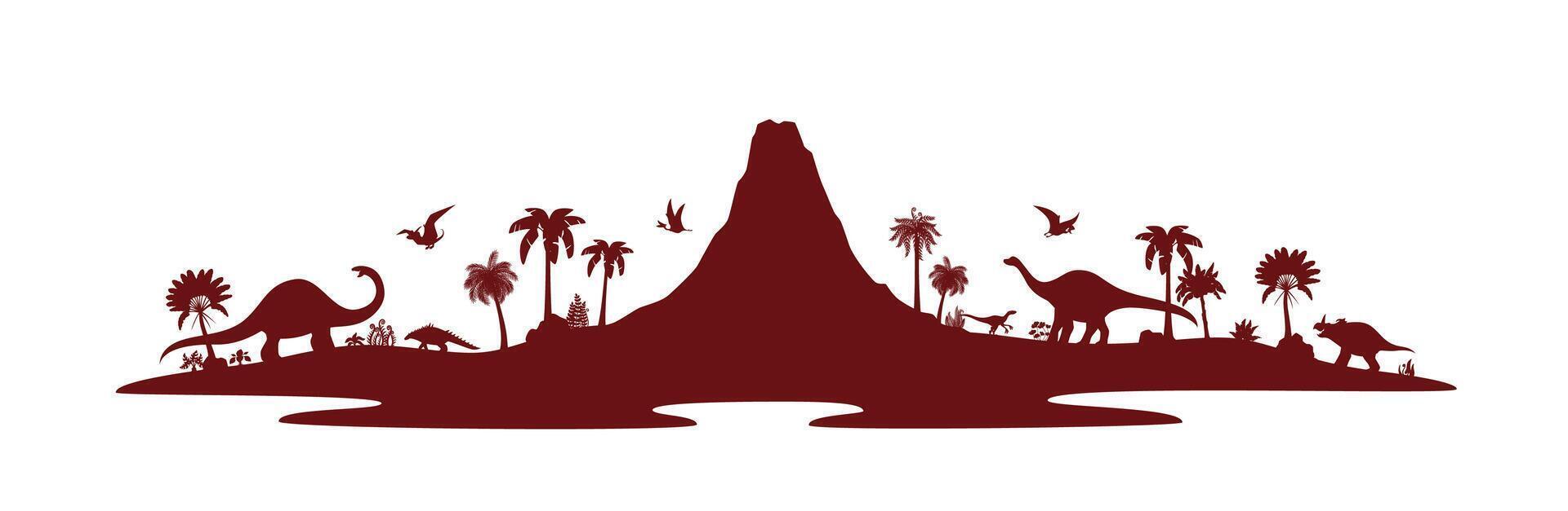 Prehistoric era dinosaurs silhouettes scene vector