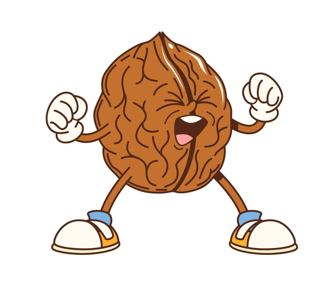 Cartoon groovy walnut nut flexing its muscles vector