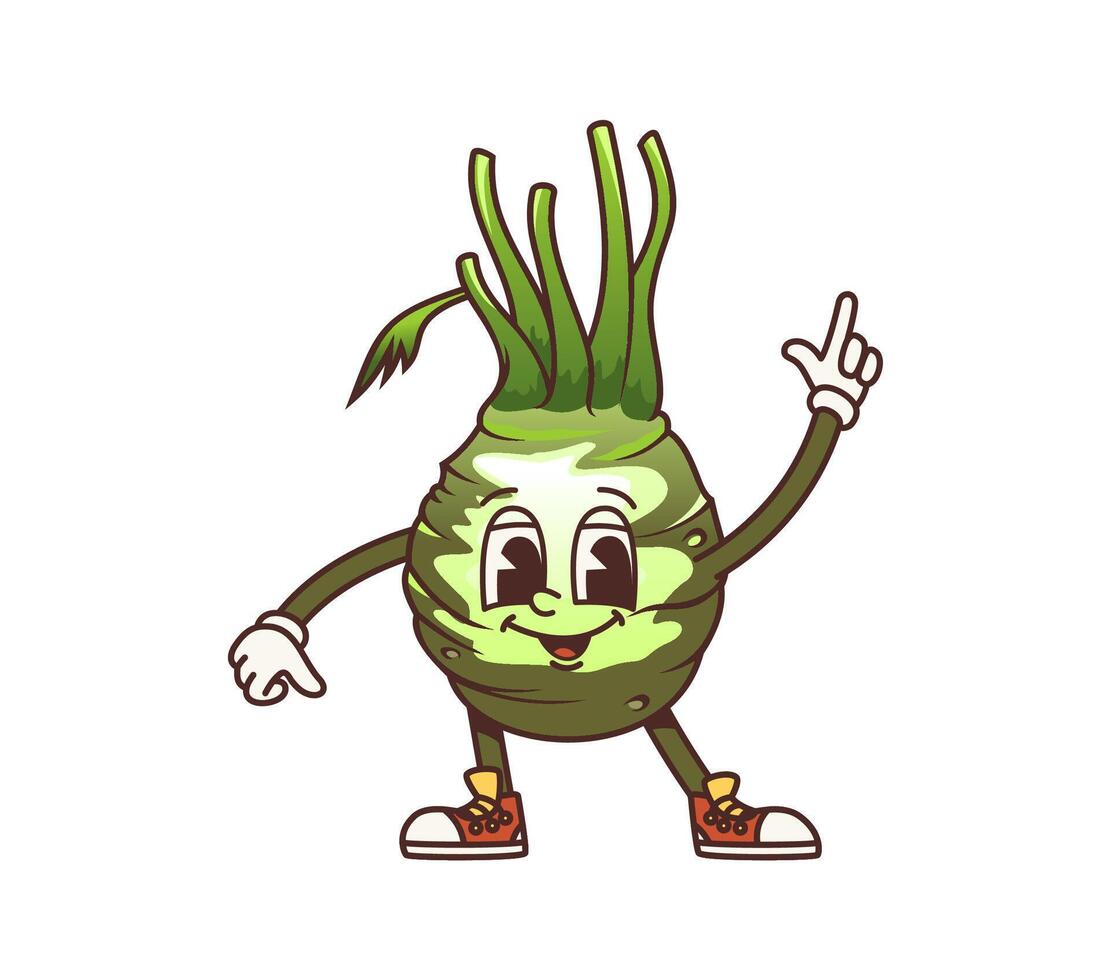 Cartoon kohlrabi cabbage vegetable retro character vector