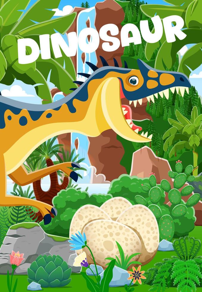 Dinosaur mother with dino eggs in jungle forest vector