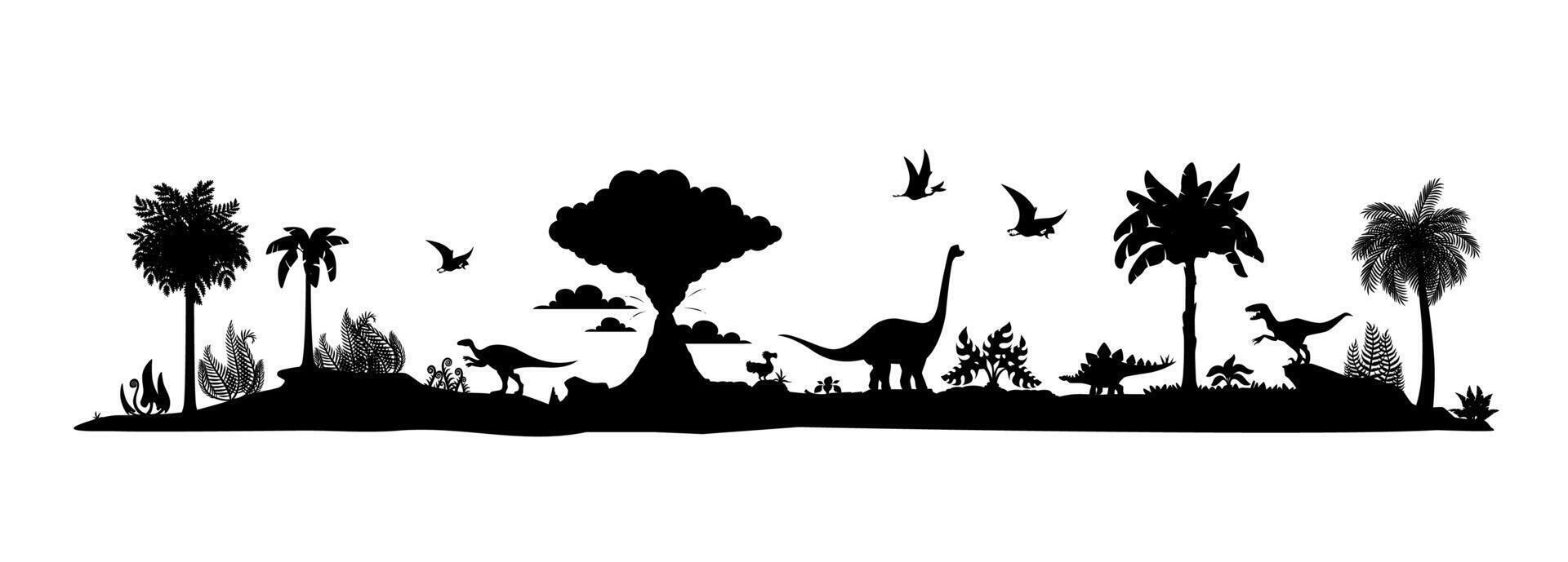 Prehistoric dinosaur silhouettes, Jurassic forest vector