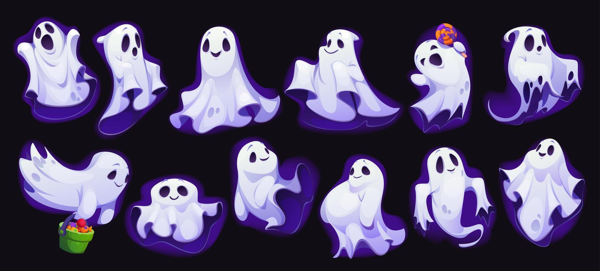 Cartoon Halloween ghost characters, scary phantoms vector